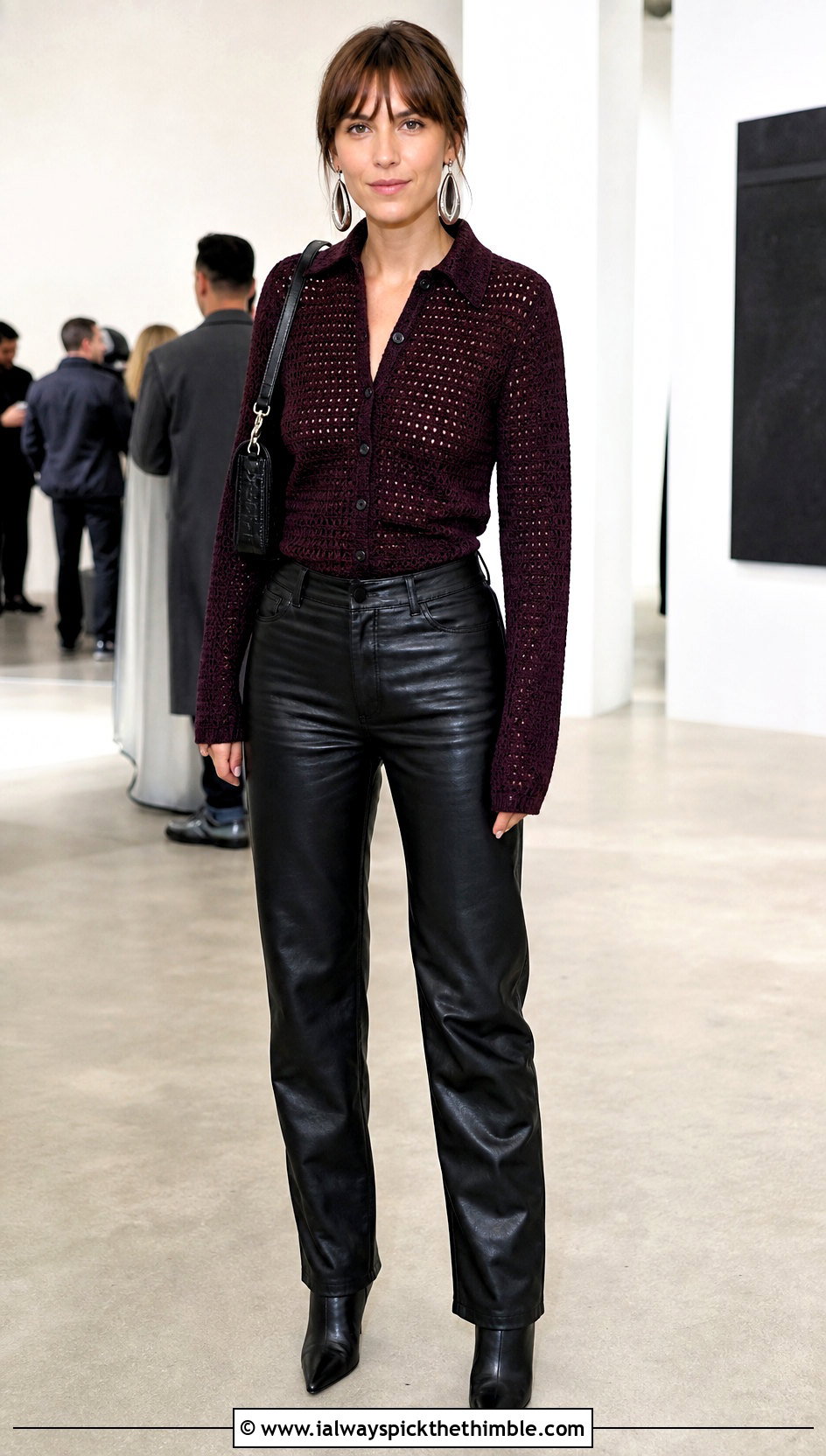 Long Sleeve Crochet Button Up Shirt With Leather Pants - 25 crochet button up shirt outfit ideas
