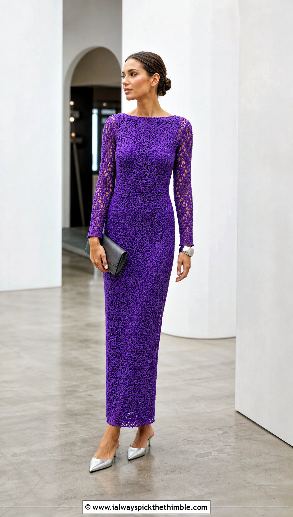 Long Sleeve Crochet Column Dress With Kitten Heels - 25 simple crochet dress women outfit ideas