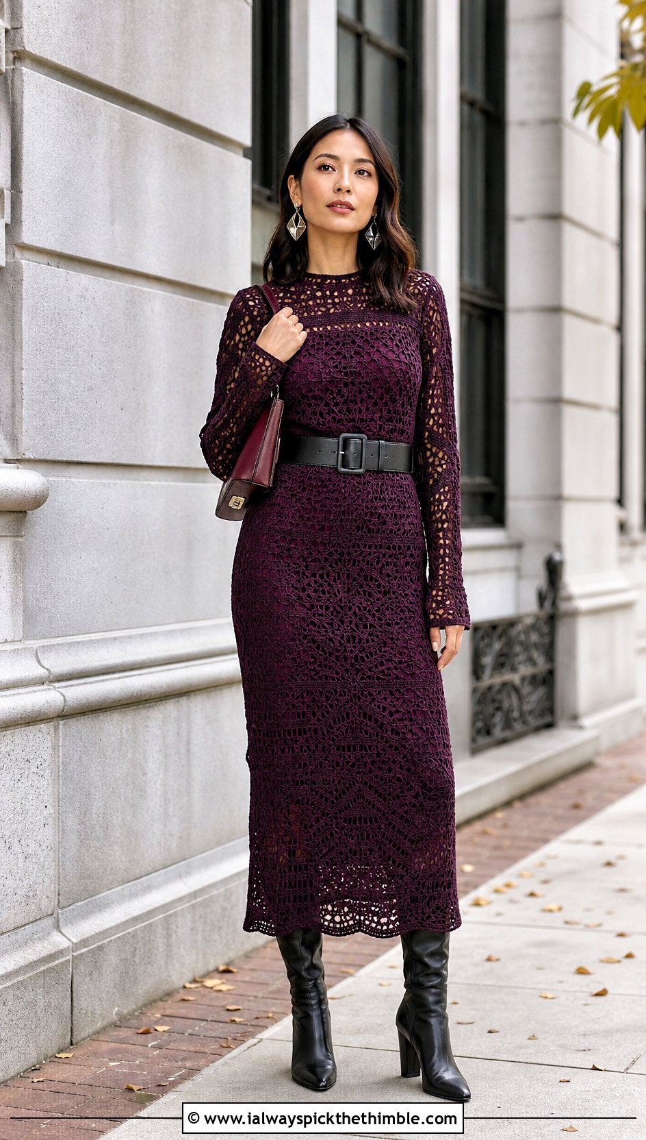 Long Sleeve Crochet Column Dress With Leather Boots - 20 Crochet Long Dresses outfit ideas