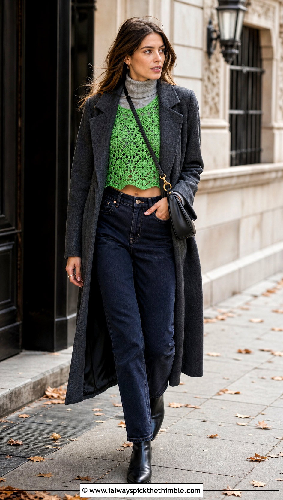 Long Sleeve Crochet Crop Top With A Turtleneck And Jeans - 15 crochet knitted crop top outfit ideas