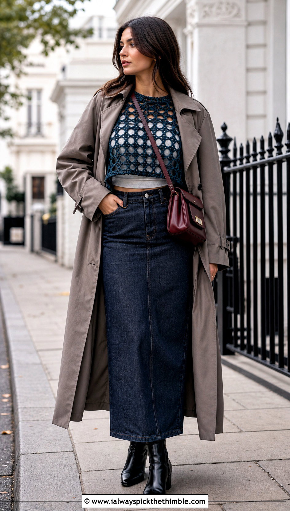 Long Sleeve Crochet Cropped Shirt With Maxi Skirt - 20 crochet cropped shirt outfit ideas