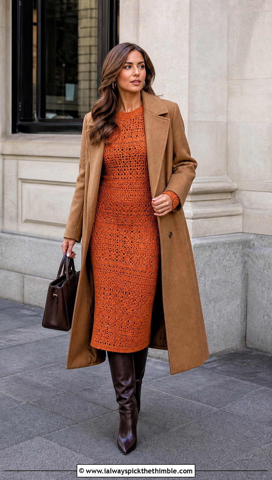 Long Sleeve Crochet Dress With Coat And Knee Boots - 25 crochet dress outfit ideas