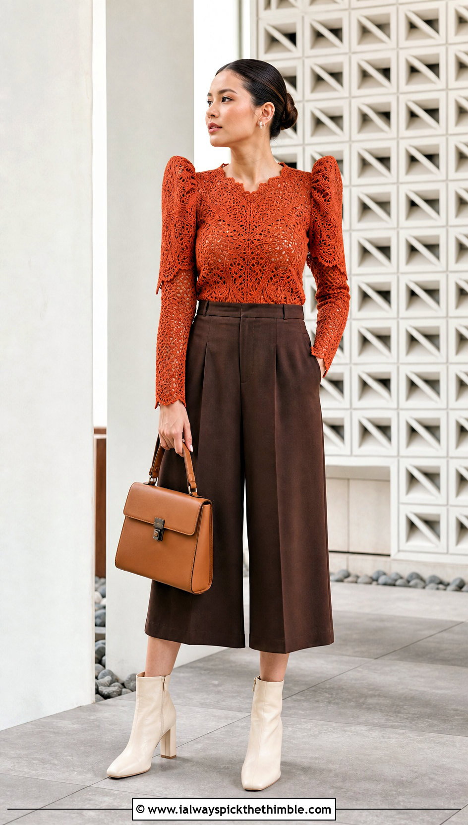 Long Sleeve Crochet Filipiniana Top With Tailored Culottes - 25 crochet filipiniana top outfit ideas