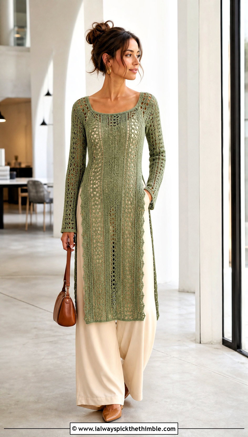 Long Sleeve Crochet Frock With Wide Leg Trousers - 25 crochet frock outfit ideas