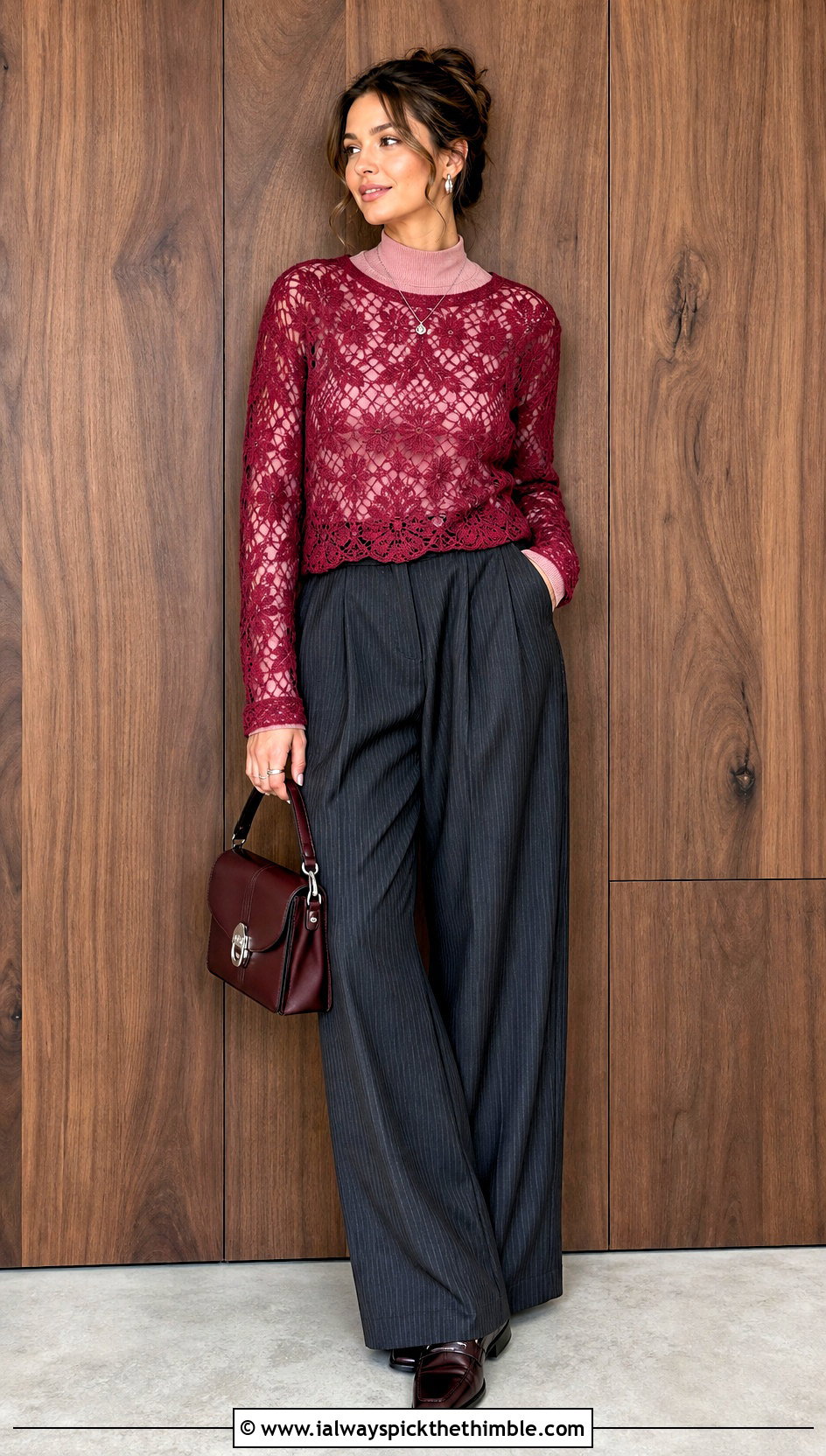 Long Sleeve Crochet Lace Top With Pinstripe Pants - 15 crochet lace top on wooden background outfit ideas