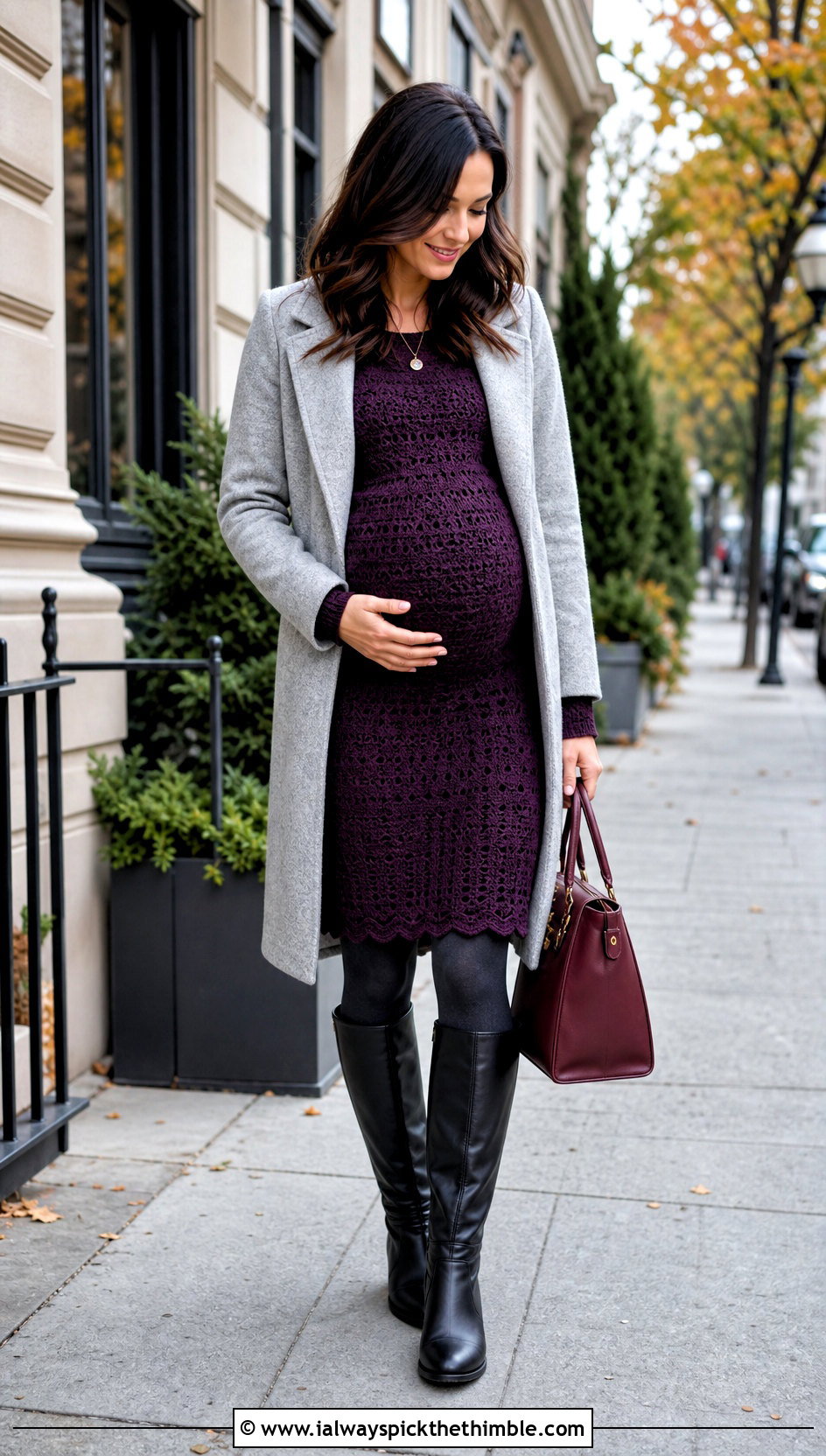 Long Sleeve Crochet Maternity Dress With Wool Coat - 20 crochet maternity dress outfit ideas
