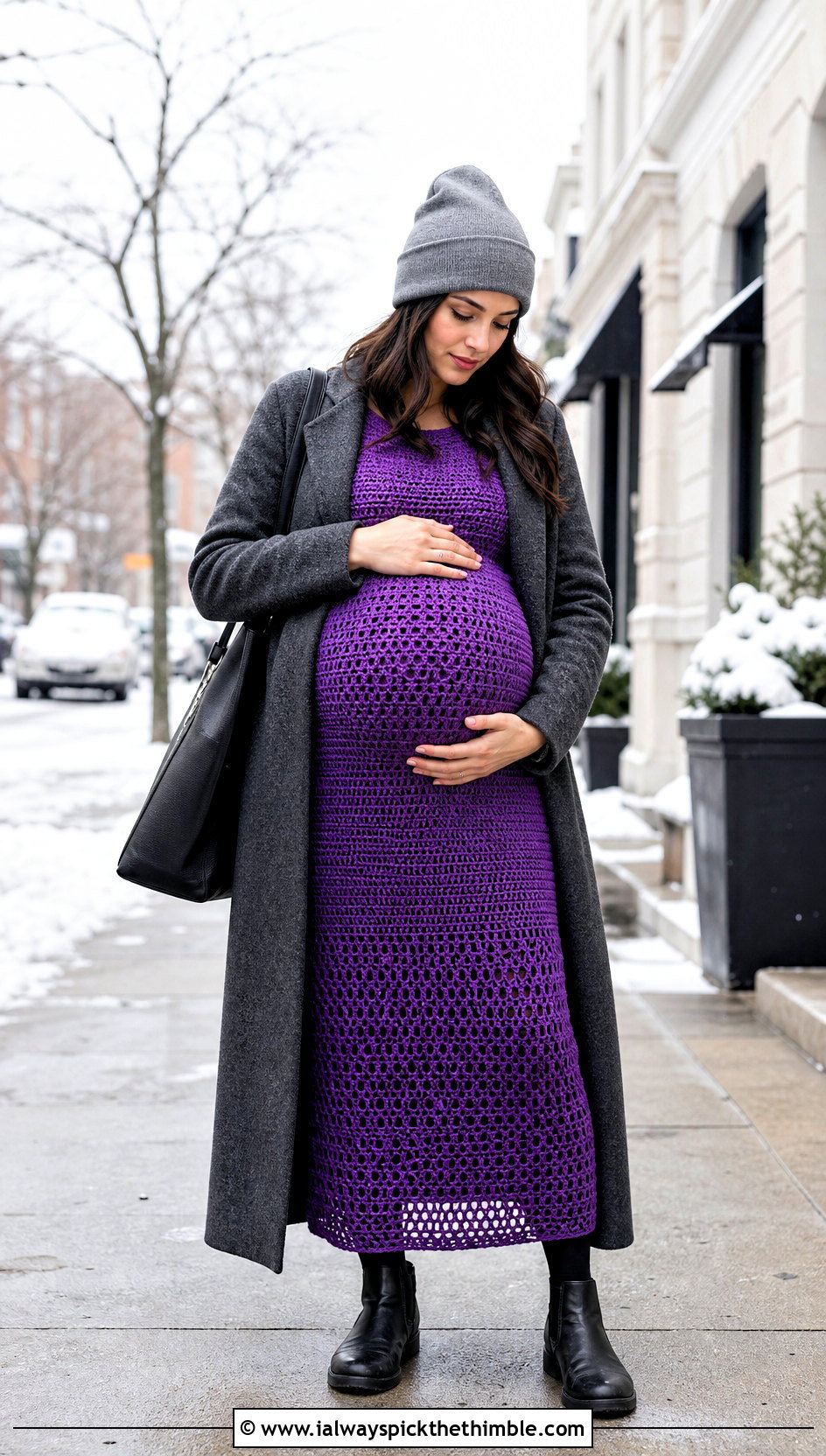 Long Sleeve Crochet Maternity Maxi Dress With Wool Coat - 15 maternity crochet dress outfit ideas