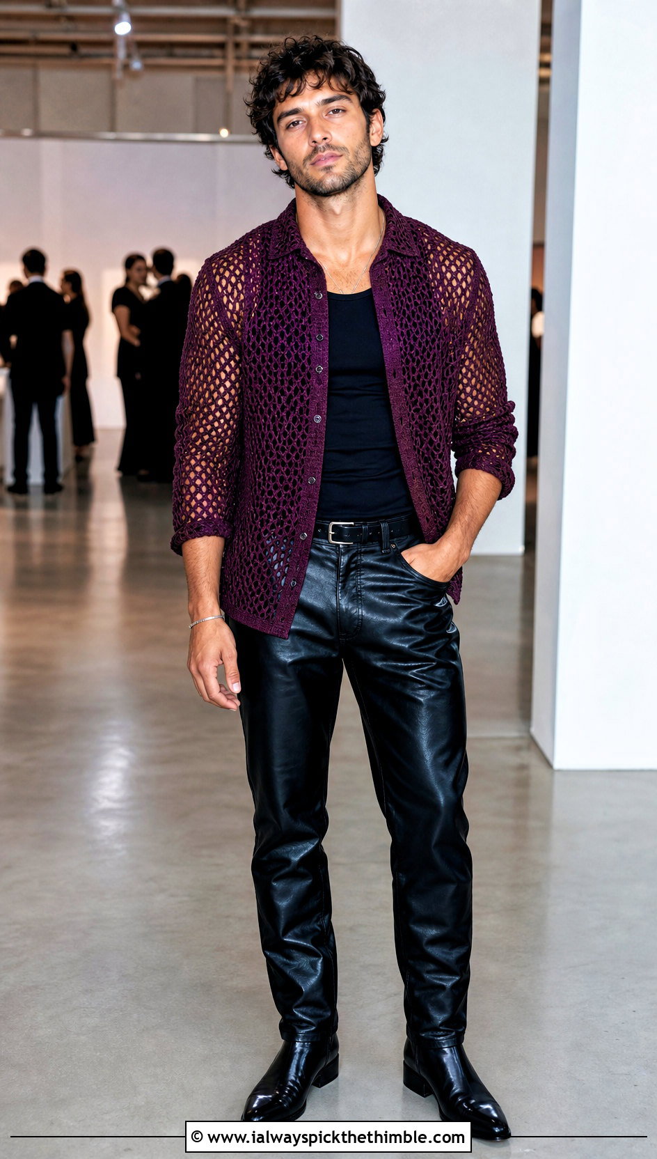 Long Sleeve Crochet Mesh Shirt With Leather Pants - 25 mens crochet shirt outfit ideas