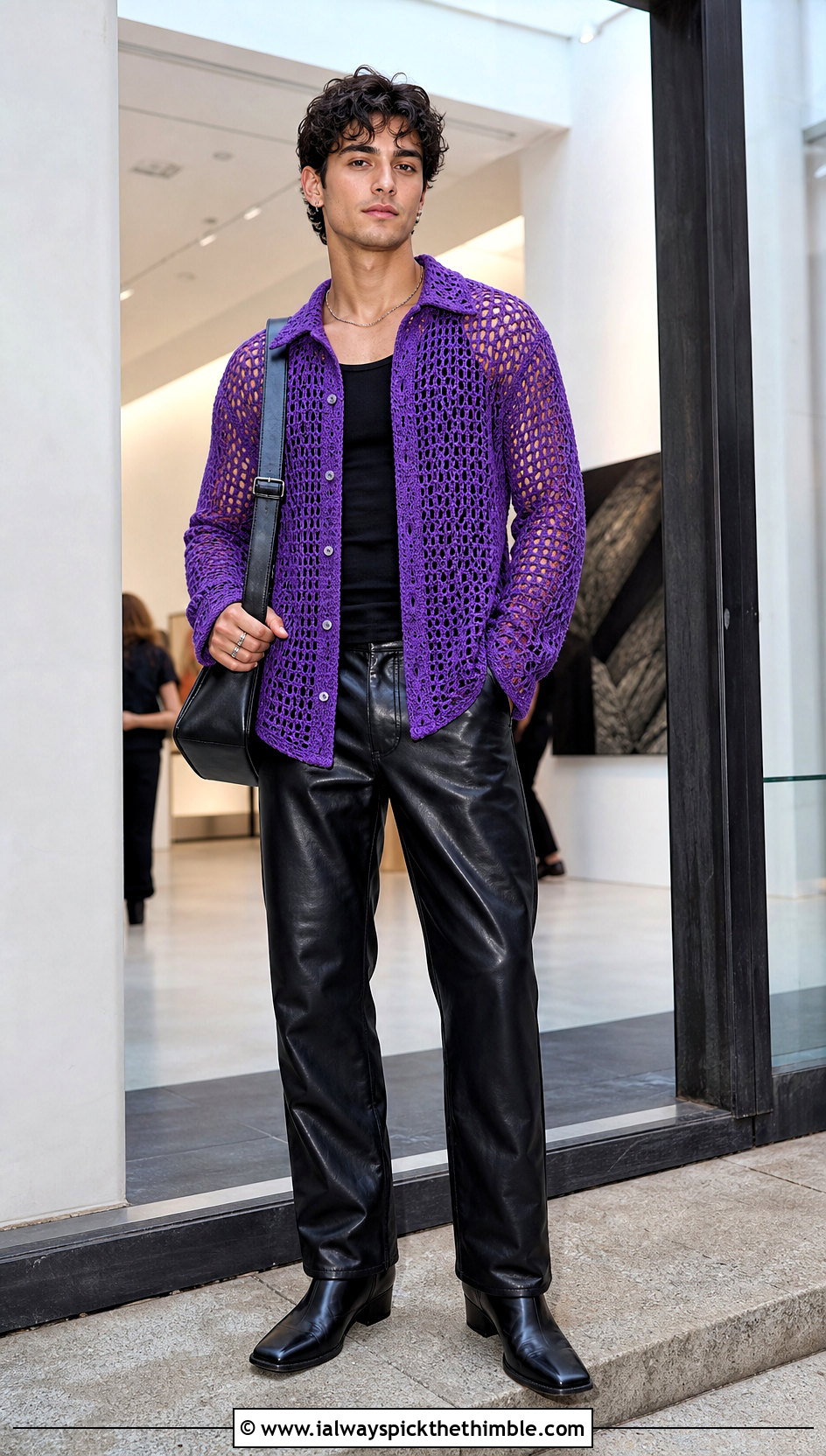 Long Sleeve Crochet Mesh Shirt With Leather Trousers - 20 Men Crochet Mesh Shirt outfit ideas