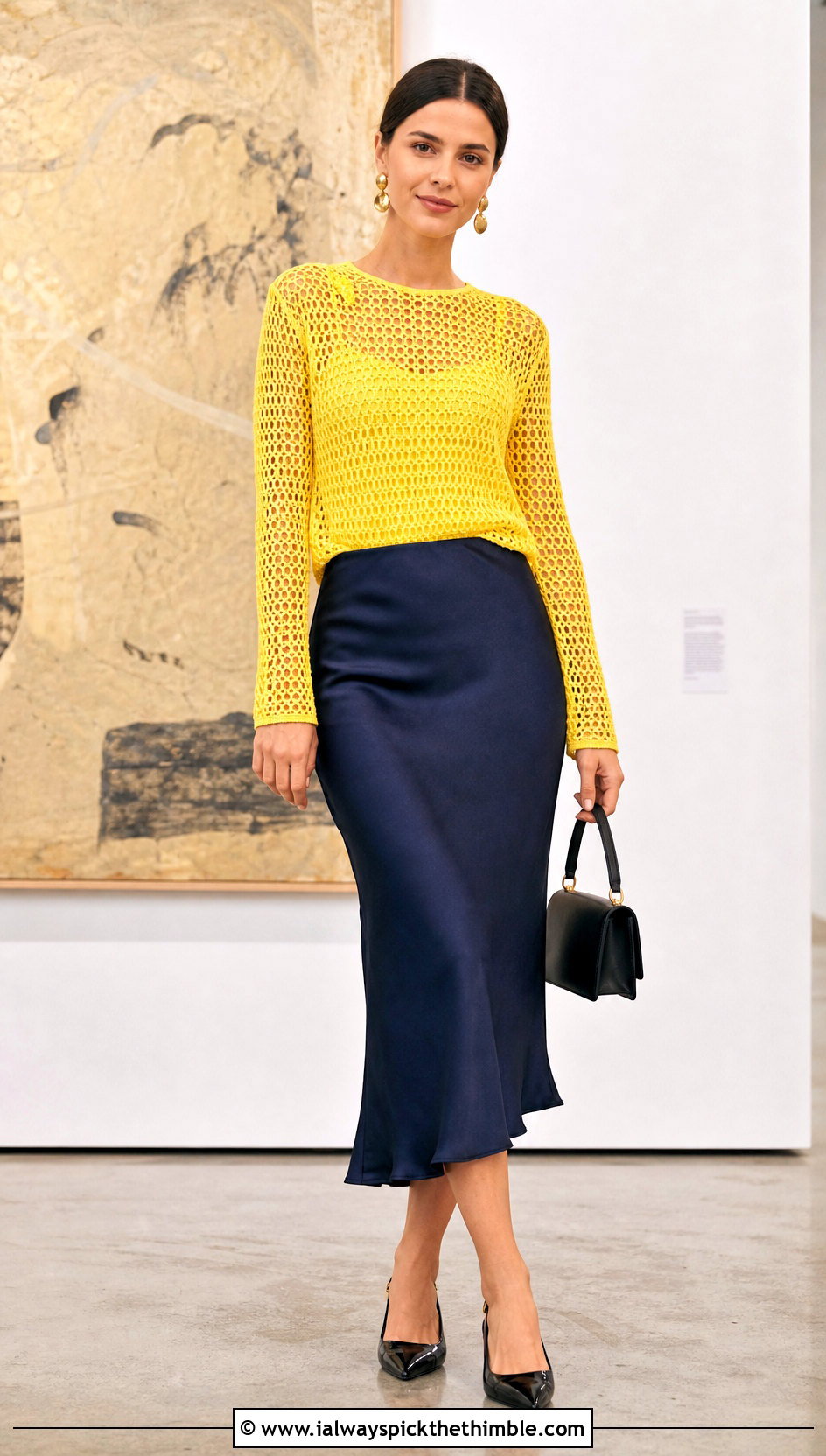 Long Sleeve Crochet Mesh Shirt With Satin Midi Skirt - 20 crochet mesh shirt outfit ideas