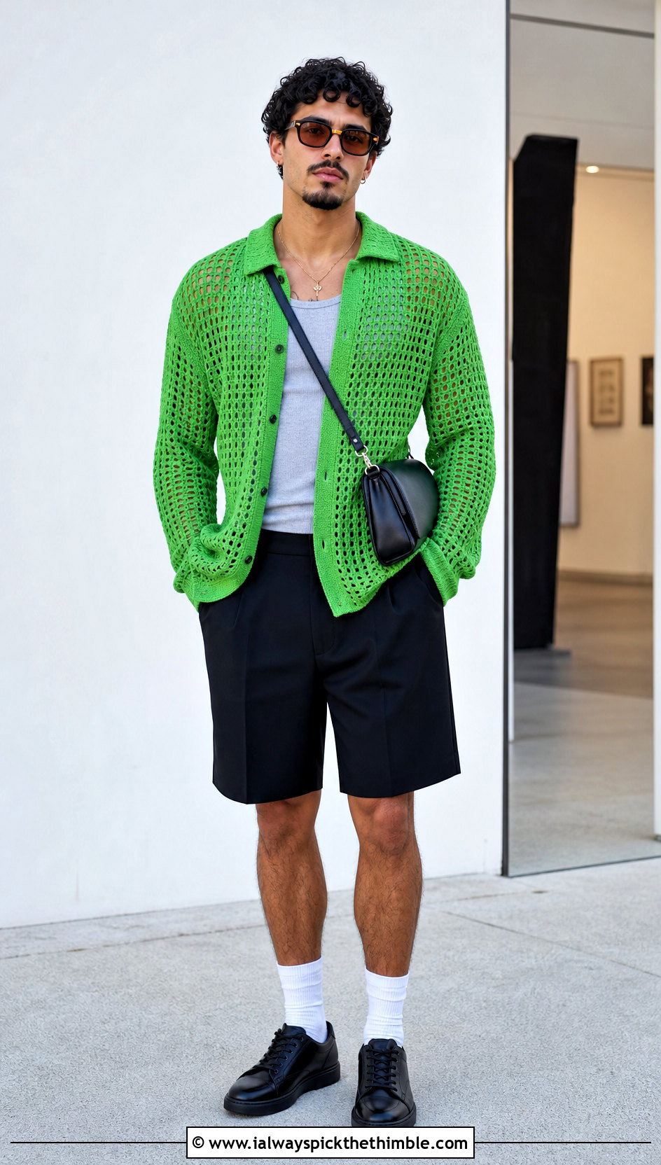 Long Sleeve Crochet Mesh Shirt With Tailored Shorts - 25 crochet top for men outfit ideas