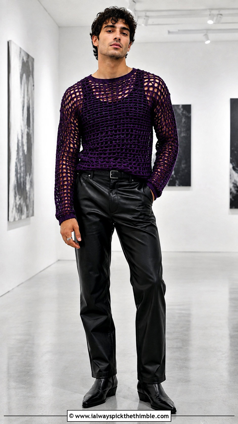 Long Sleeve Crochet Mesh Top With Leather Trousers - 25 crochet top men outfit ideas