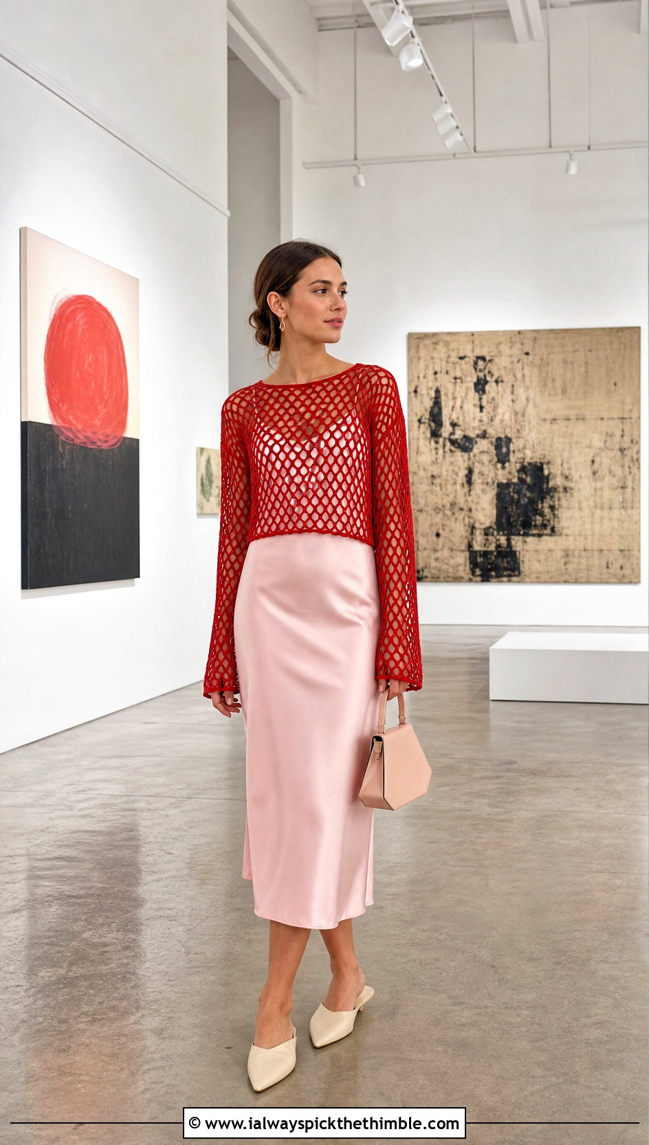 Long Sleeve Crochet Mesh Top With Slip Dress - 20 crochet lacy summer tops outfit ideas