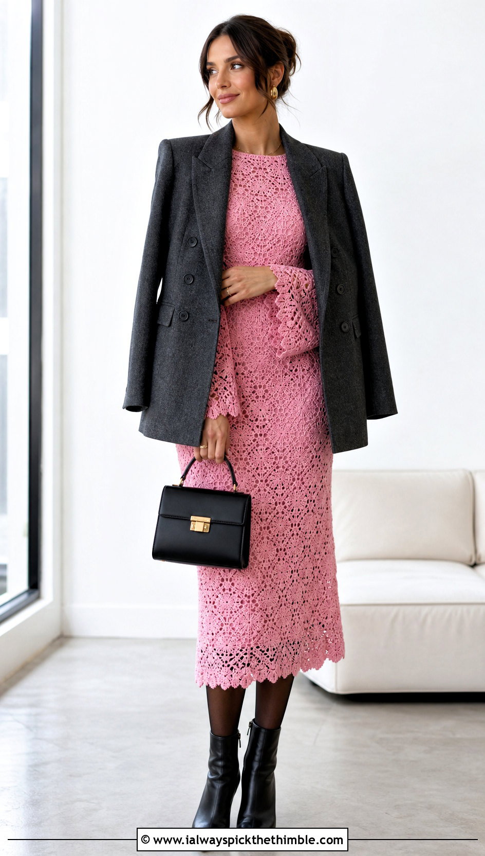 Long Sleeve Crochet Midi Dress With Blazer For February - 15 Crochet Dress 12 Months outfit ideas