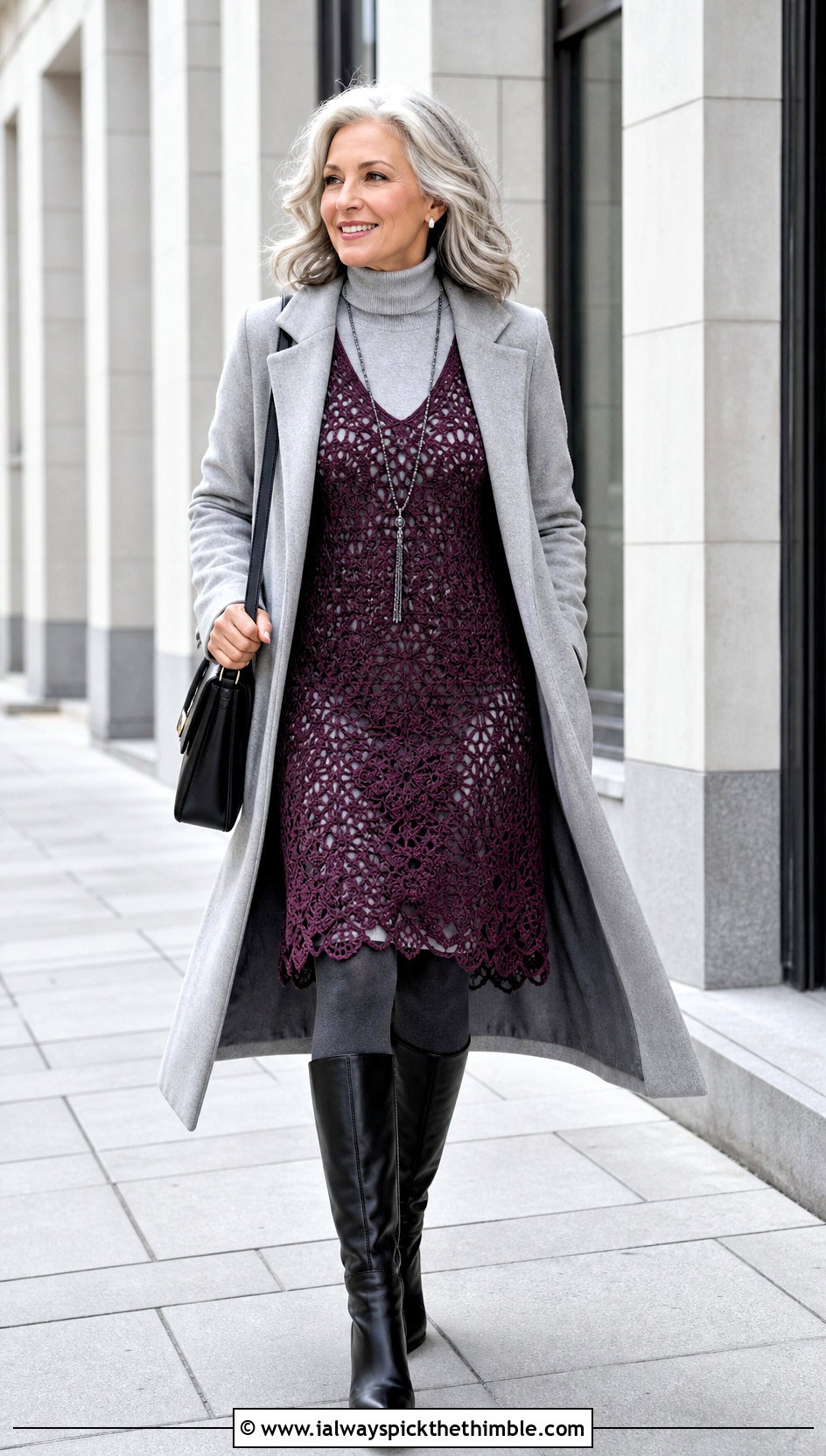 Long Sleeve Crochet Overlay Dress With Turtleneck And Knee Boots - 20 Crochet Overlay Dress outfit ideas