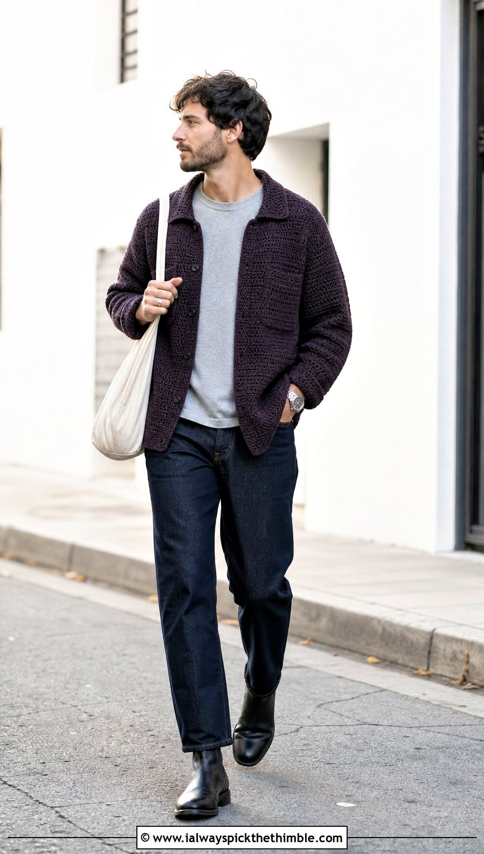 Long Sleeve Crochet Overshirt With Dark Jeans - 25 crochet man shirt outfit ideas