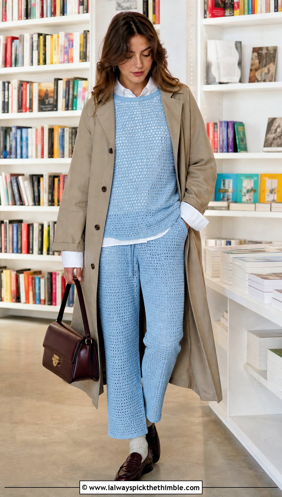 Long Sleeve Crochet Pajama Set With Leather Loafers - 25 crochet pajama set outfit ideas