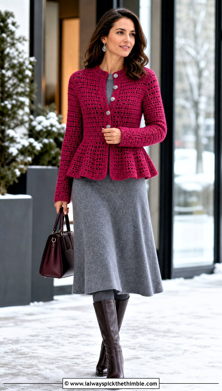 Long Sleeve Crochet Peplum Jacket With Knit Dress - 15 crochet peplum jacket outfit ideas