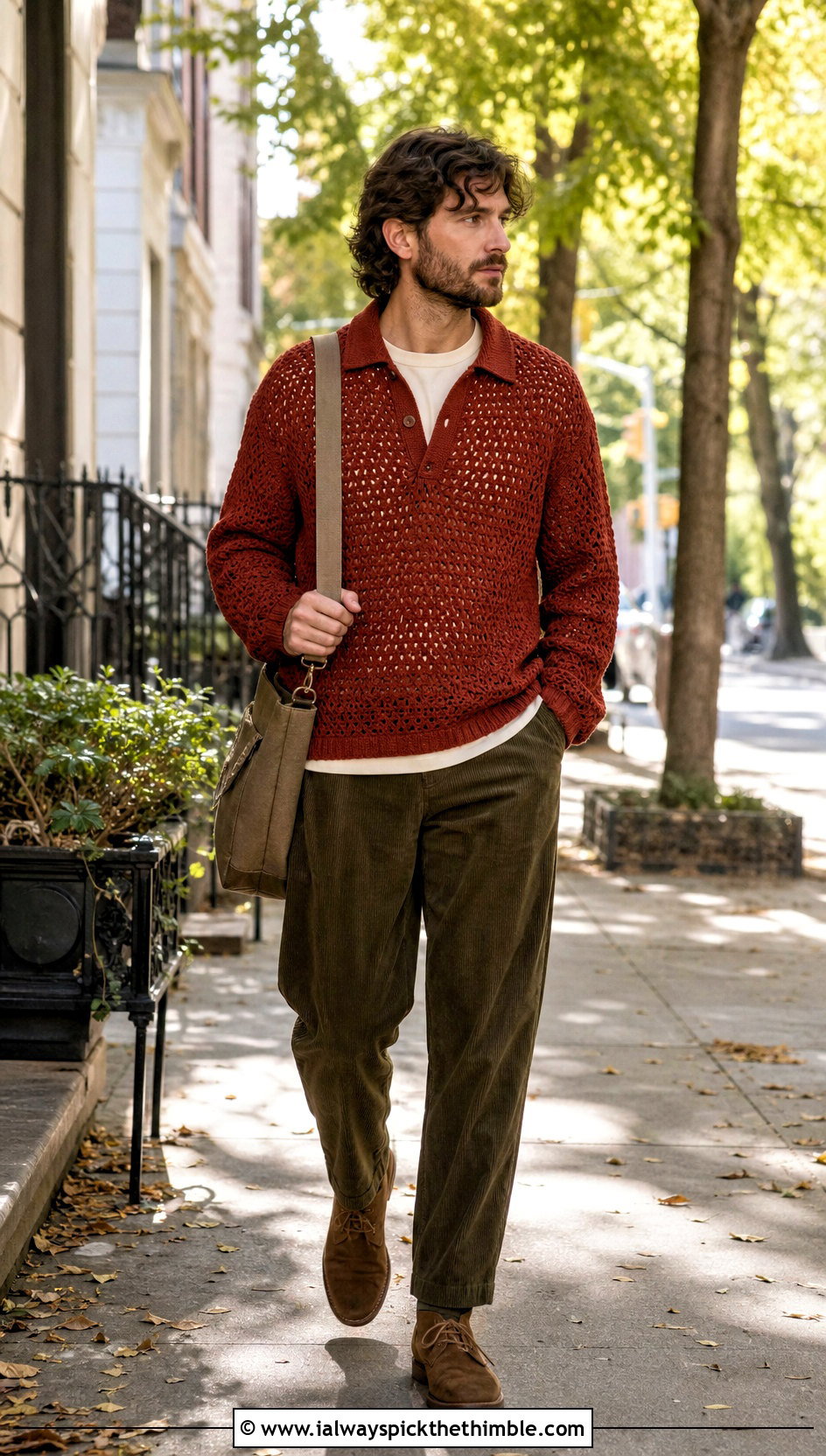 Long Sleeve Crochet Polo With Corduroy Pants - 15 Mens Crochet Polo Shirt outfit ideas