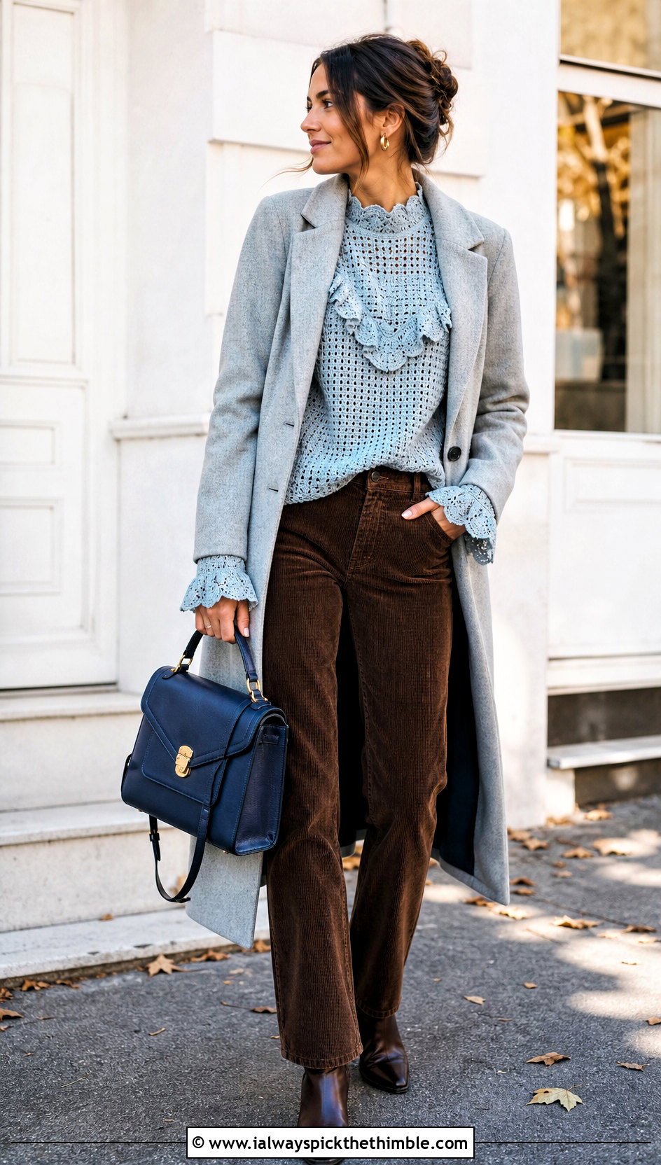 Long Sleeve Crochet Ruffle Top With Corduroy Pants - 25 crochet ruffle top outfit ideas