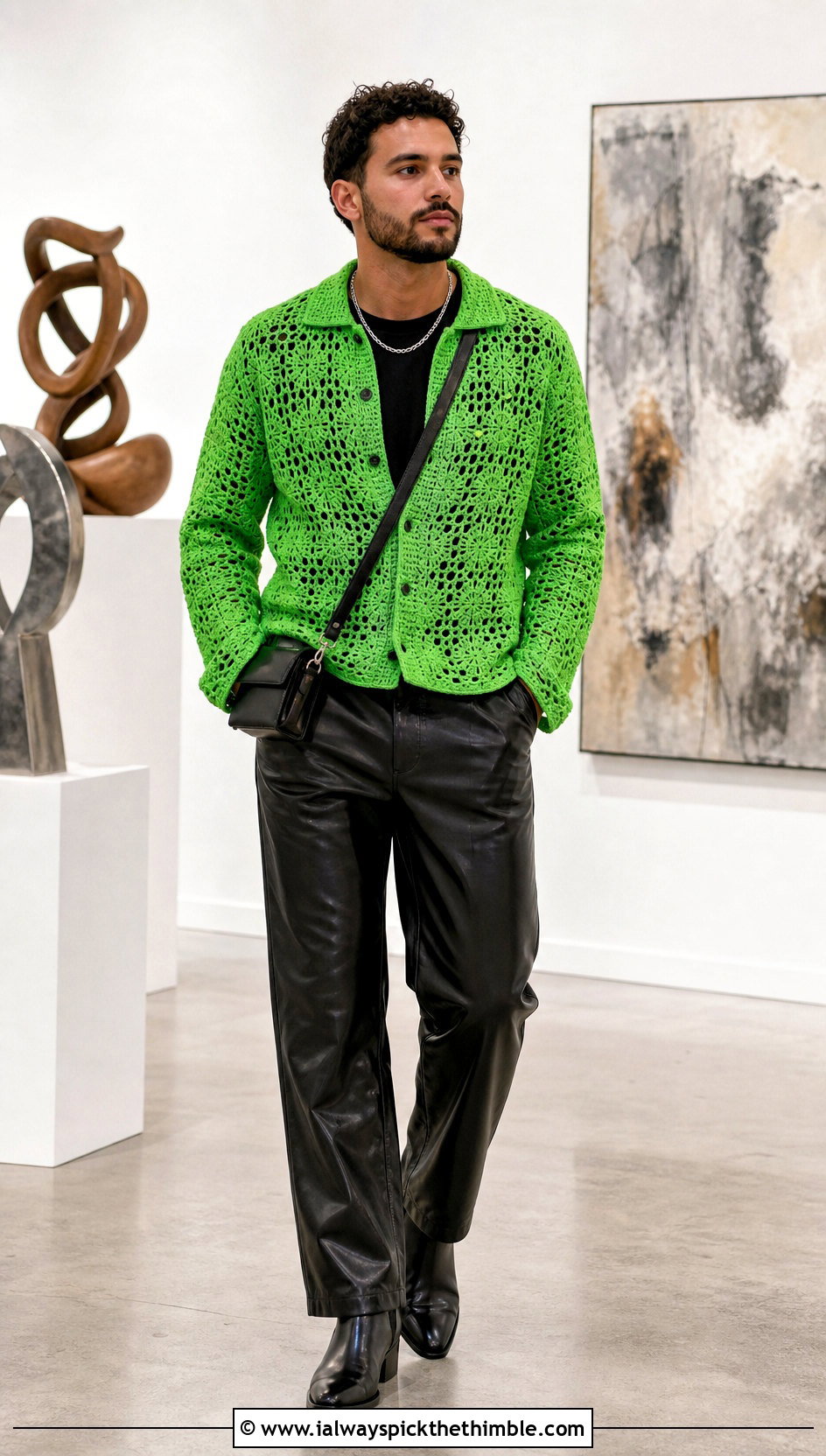 Long Sleeve Crochet Shirt With Leather Trousers - 25 crochet men shirt outfit ideas