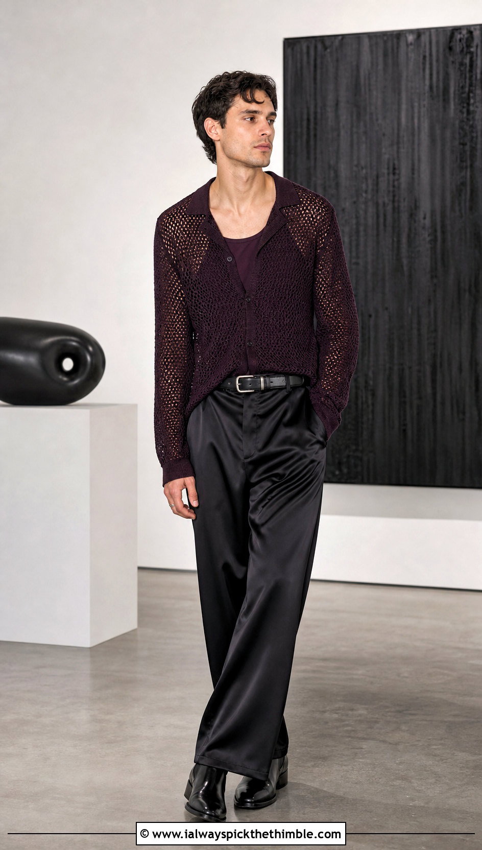 Long Sleeve Crochet Shirt With Satin Trousers - 25 crochet outfits for men outfit ideas