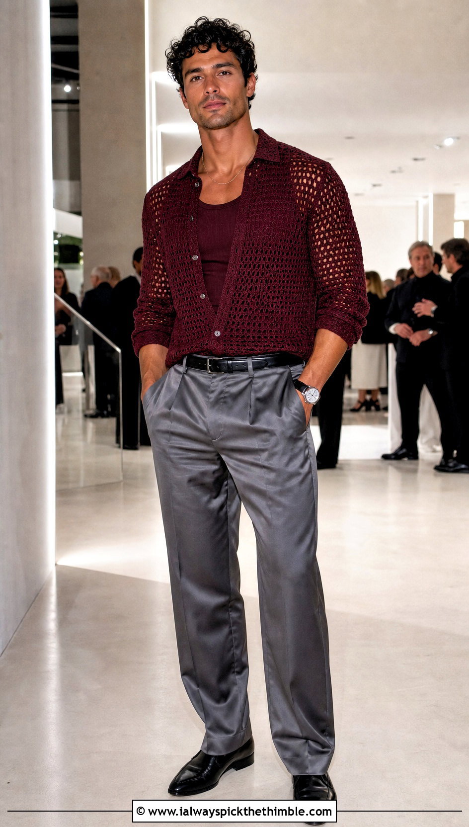Long Sleeve Crochet Shirt With Satin Trousers - 20 Crochet Men Clothing and outfit ideas