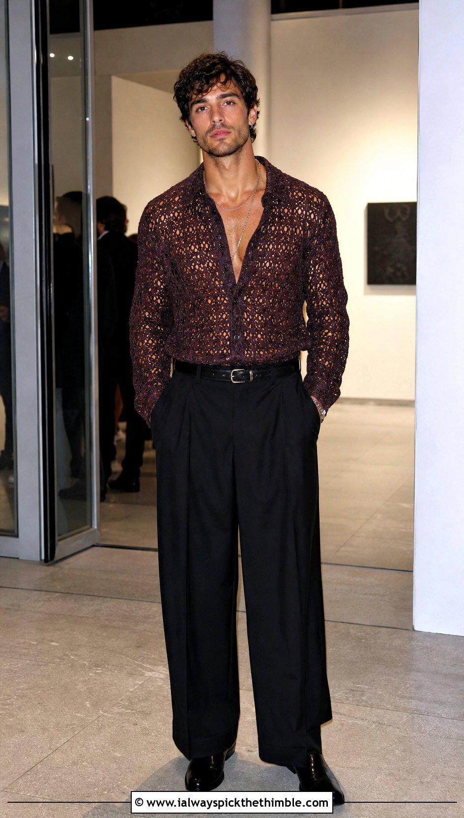 Long Sleeve Crochet Shirt With Wide Leg Trousers - 25 crochet shirts for men outfit ideas