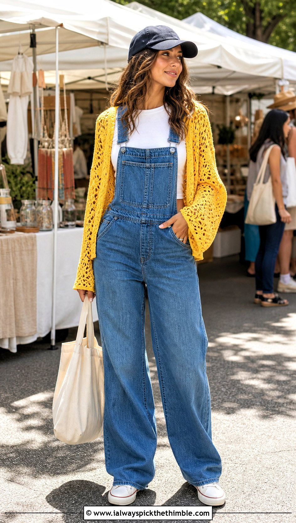 Long Sleeve Crochet Shrug With Denim Overalls - 25 crochet shrug bolero outfit ideas