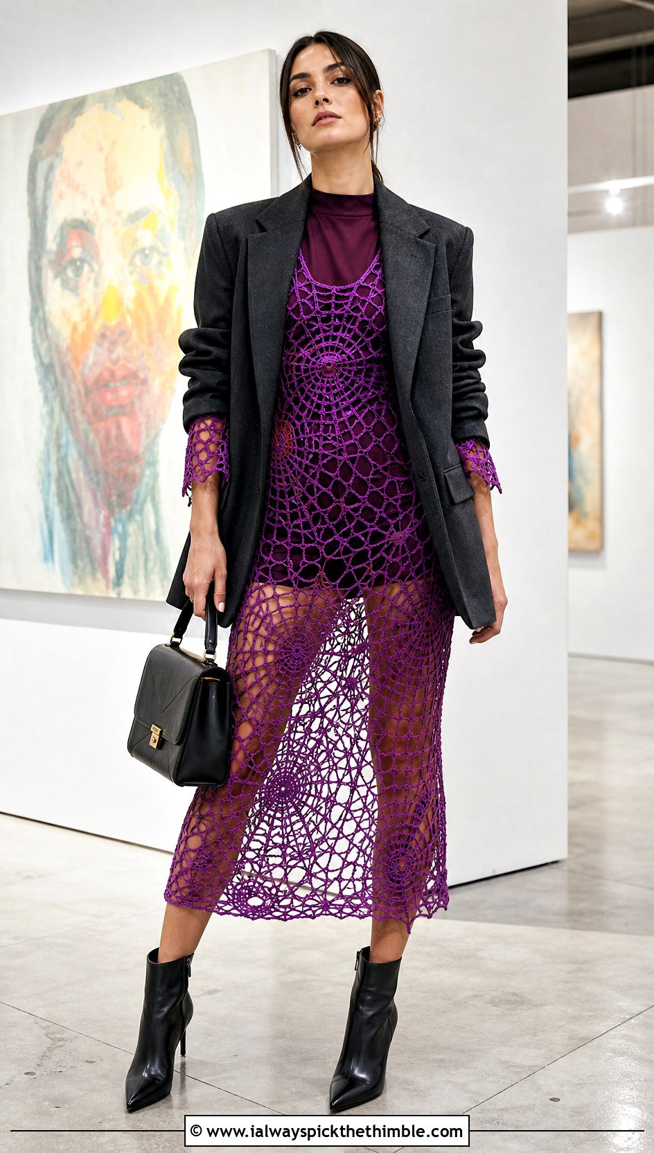 Long Sleeve Crochet Spider Web Midi Dress With Blazer - 20 crochet spider web dress outfit ideas