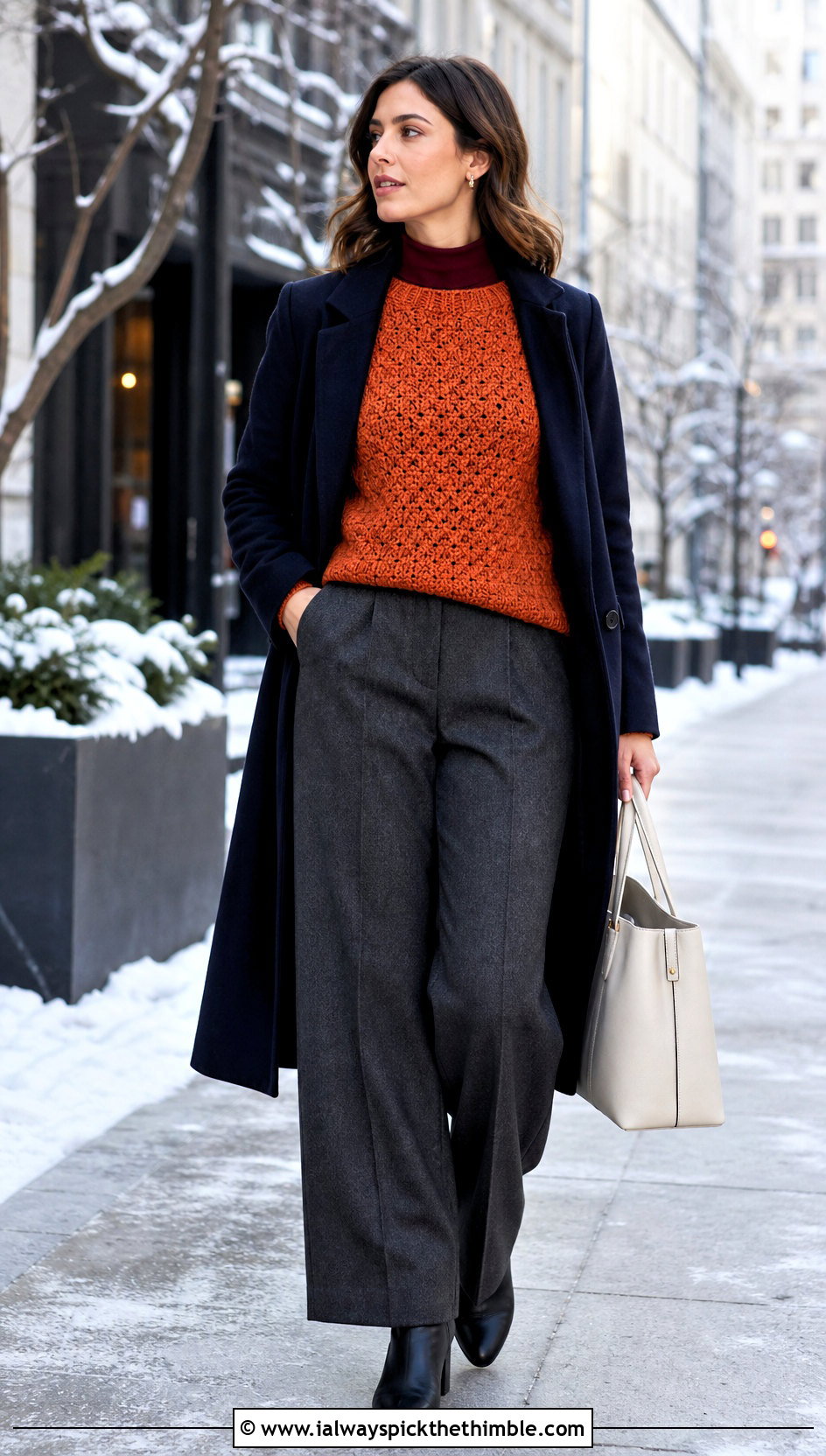 Long Sleeve Crochet Sweater Top With Wool Trousers - 20 form crochet top outfit ideas