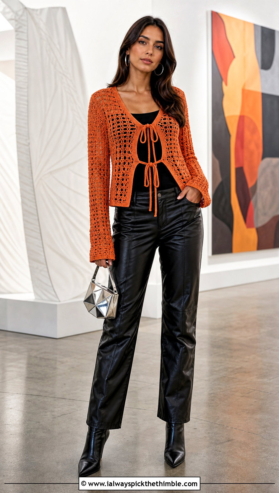 Long Sleeve Crochet Tie Cardigan Top With Leather Pants - 25 crochet tie top outfit ideas