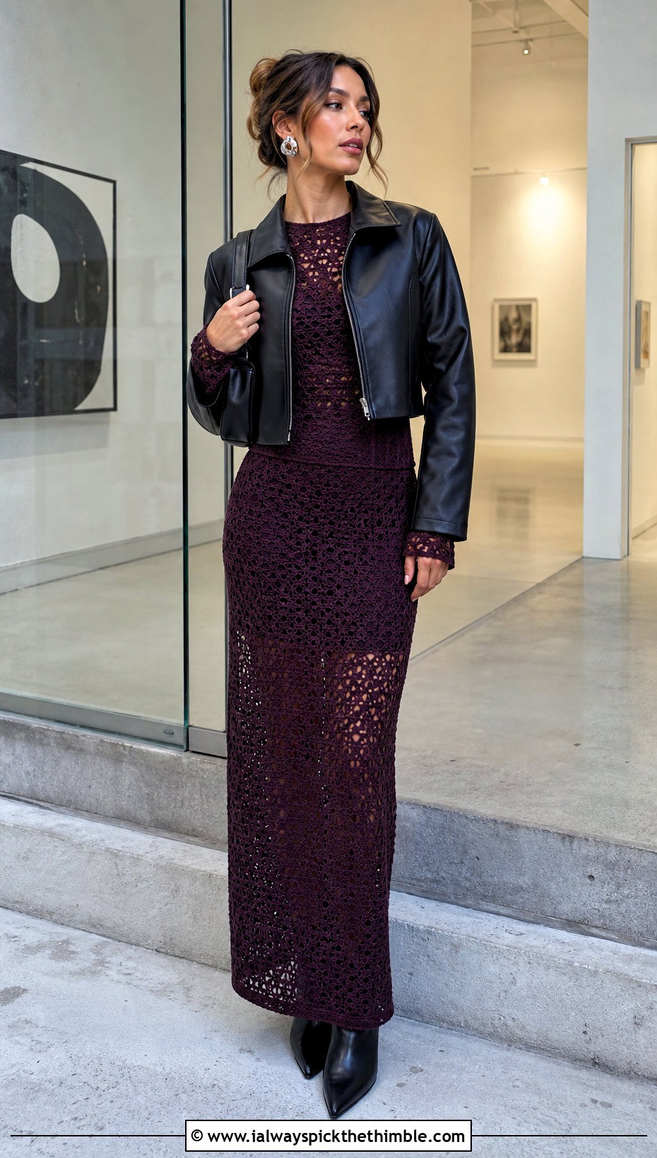Long Sleeve Crochet Top And Column Maxi Skirt Set With Leather Jacket - 25 crochet skirt set outfit ideas