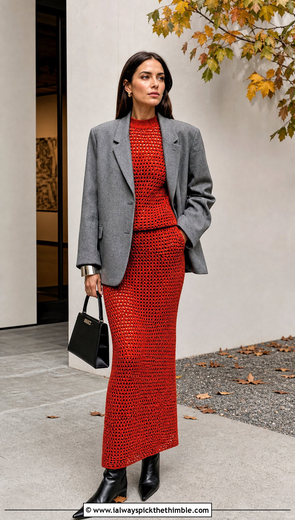 Long Sleeve Crochet Top And Column Skirt With Blazer - 25 Crochet Top And Skirt outfit ideas