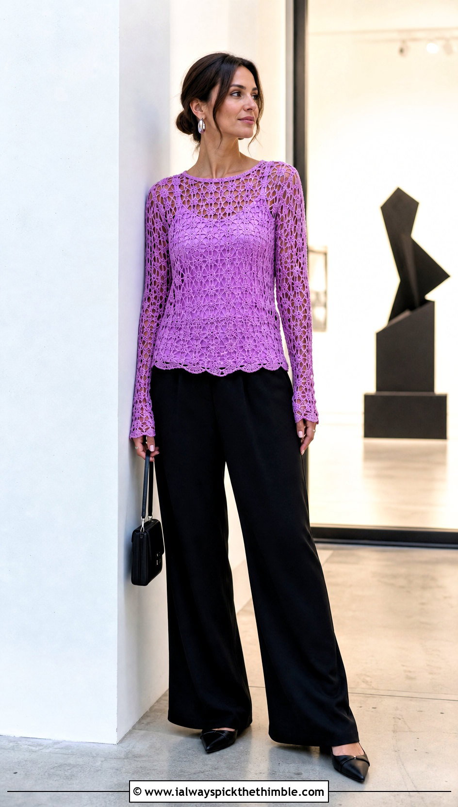 Long Sleeve Crochet Top With Black Trousers - 25 crochet summer top outfit ideas
