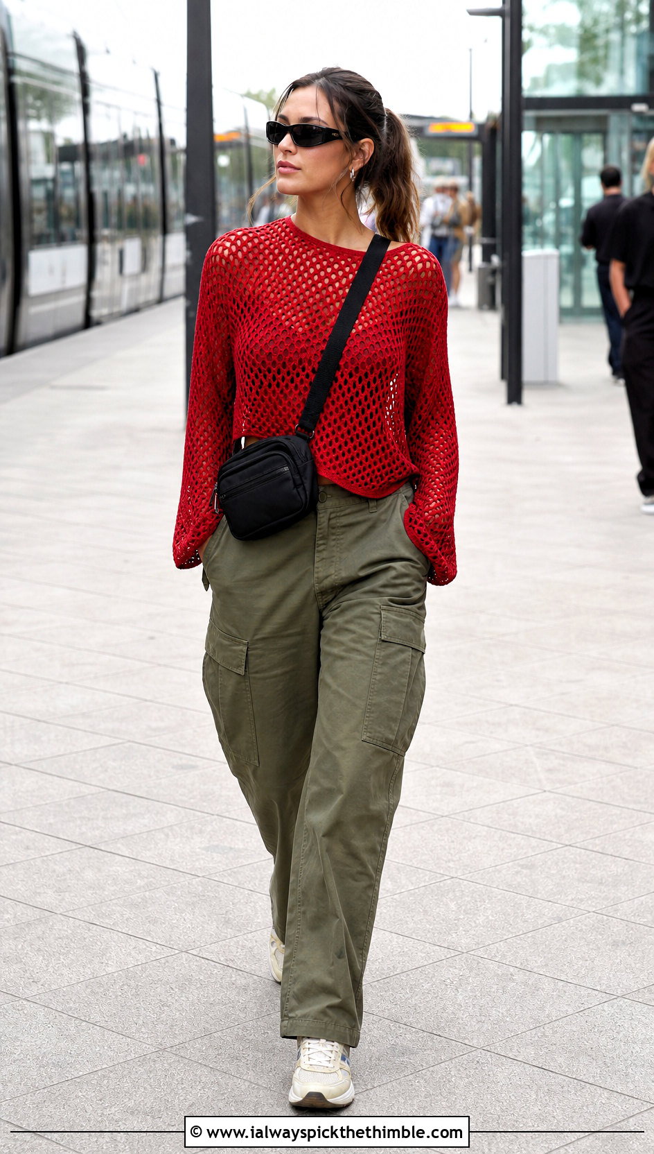 Long Sleeve Crochet Top With Cargo Pants - 20 unique crochet top outfit ideas