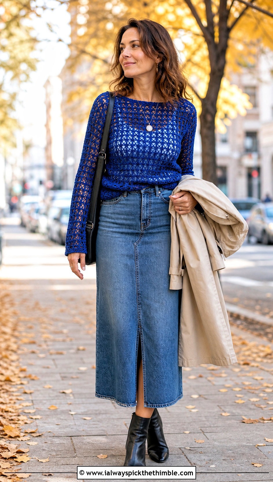 Long Sleeve Crochet Top With Denim Midi Skirt - 25 Outfit With Crochet Top outfit ideas