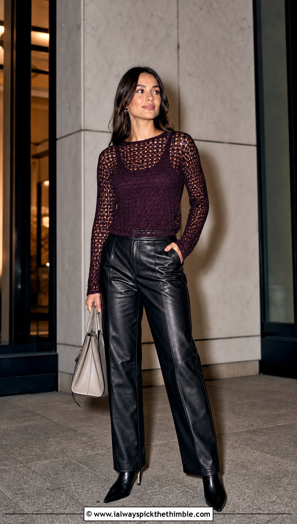 Long Sleeve Crochet Top With Leather Pants - 20 quick crochet top outfit ideas