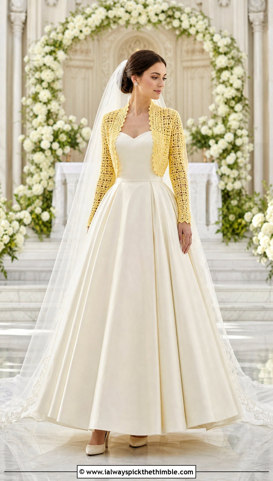 Long Sleeve Crochet Wedding Bolero With Strapless Ball Gown - 20 Crochet Wedding Bolero outfit ideas