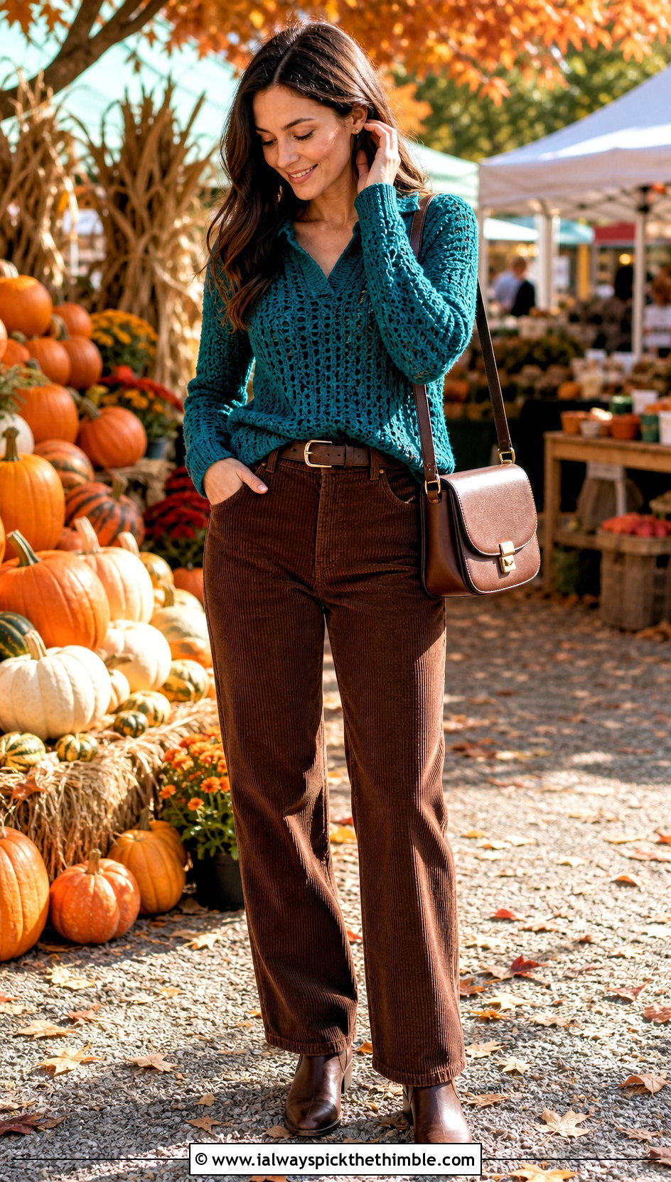 Long Sleeve Crocheted Shirt With Corduroy Pants - 25 Crocheted Shirt outfit ideas
