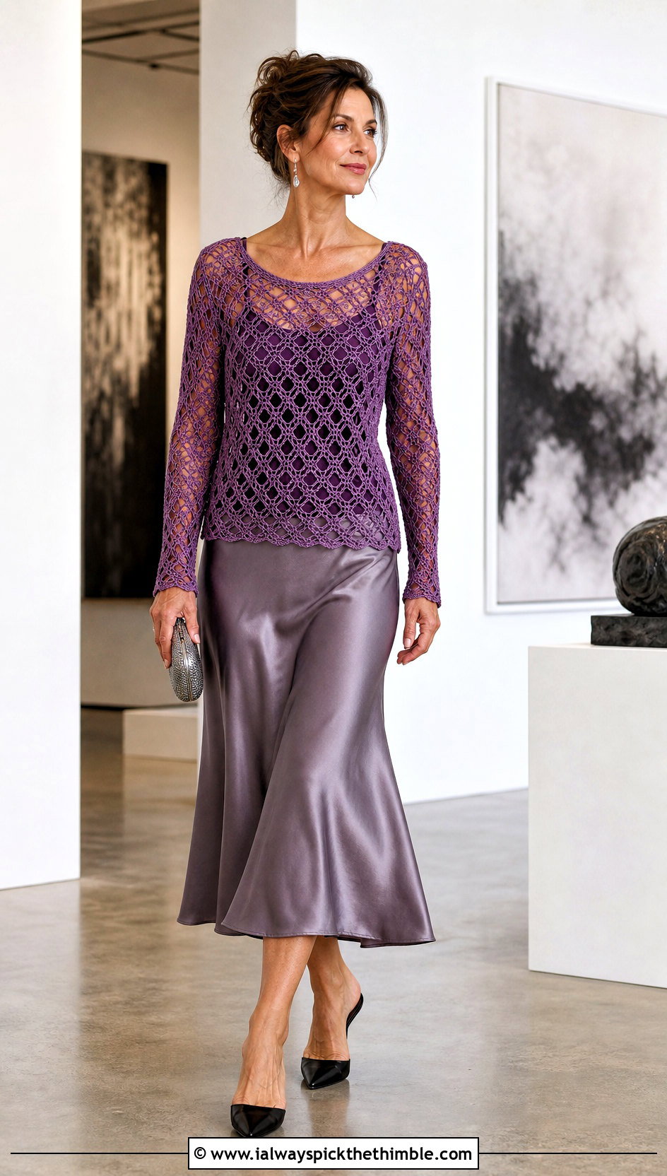 Long Sleeve Diamond Crochet Top With Satin Skirt - 25 crochet diamond top outfit ideas