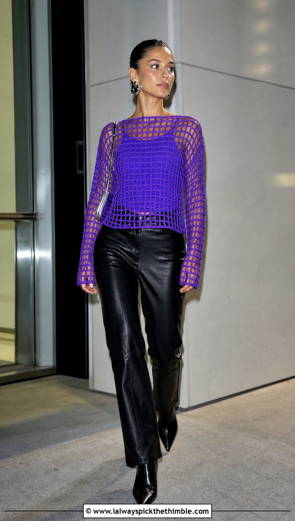 Long Sleeve Filet Crochet Top With Leather Pants - 25 filet crochet top outfit ideas