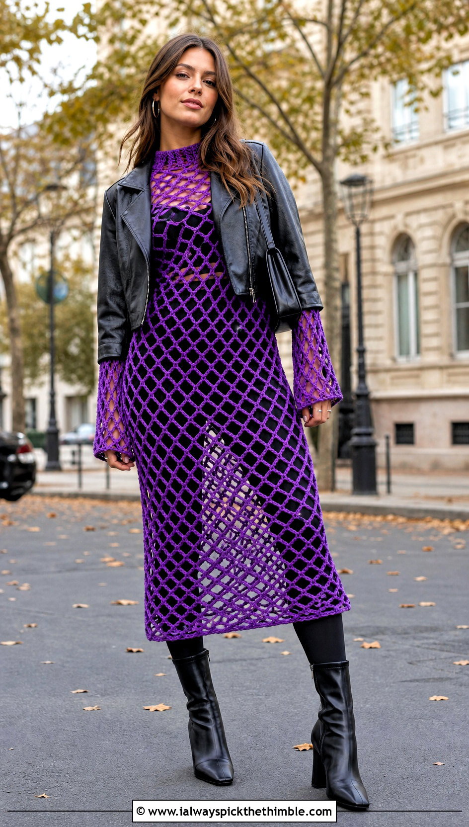 Long Sleeve Fishnet Crochet Midi Dress With Leather Jacket - 20 Fishnet Crochet Dress outfit ideas