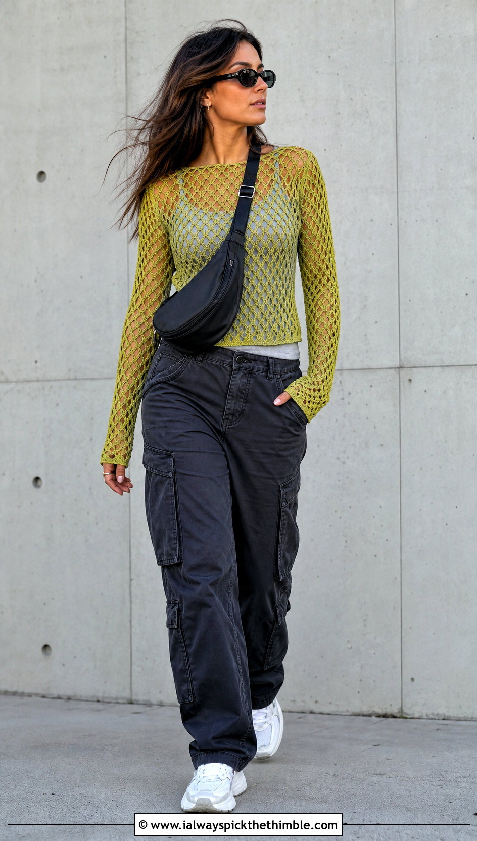 Long Sleeve Fishnet Crochet Top With Cargo Pants - 25 crochet fishnet top outfit ideas