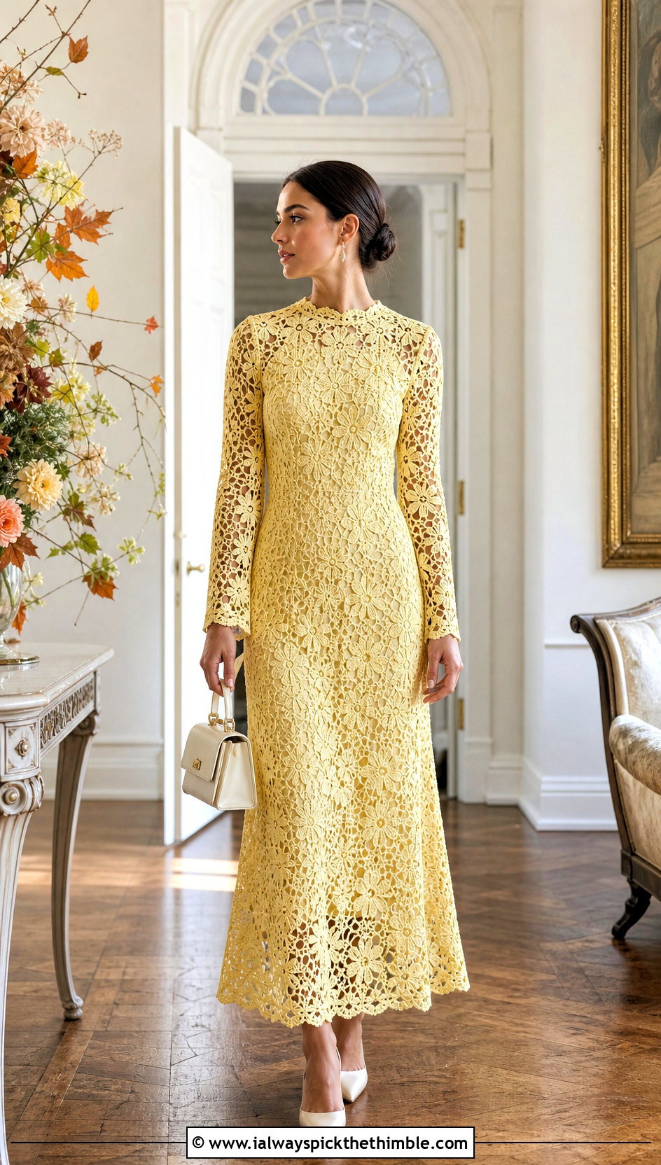 Long Sleeve Floral Crochet Wedding Dress With Satin Pumps - 15 Elegant Crochet Wedding Dress outfit ideas