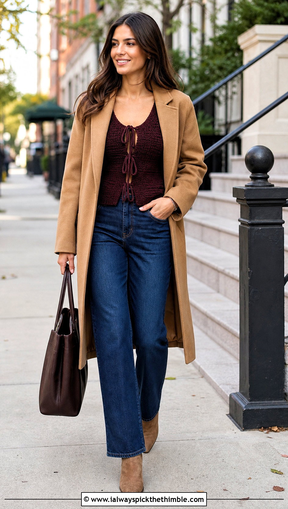 Long Sleeve Front Bow Crochet Top With Straight Jeans - 15 crochet top with bow detail outfit ideas