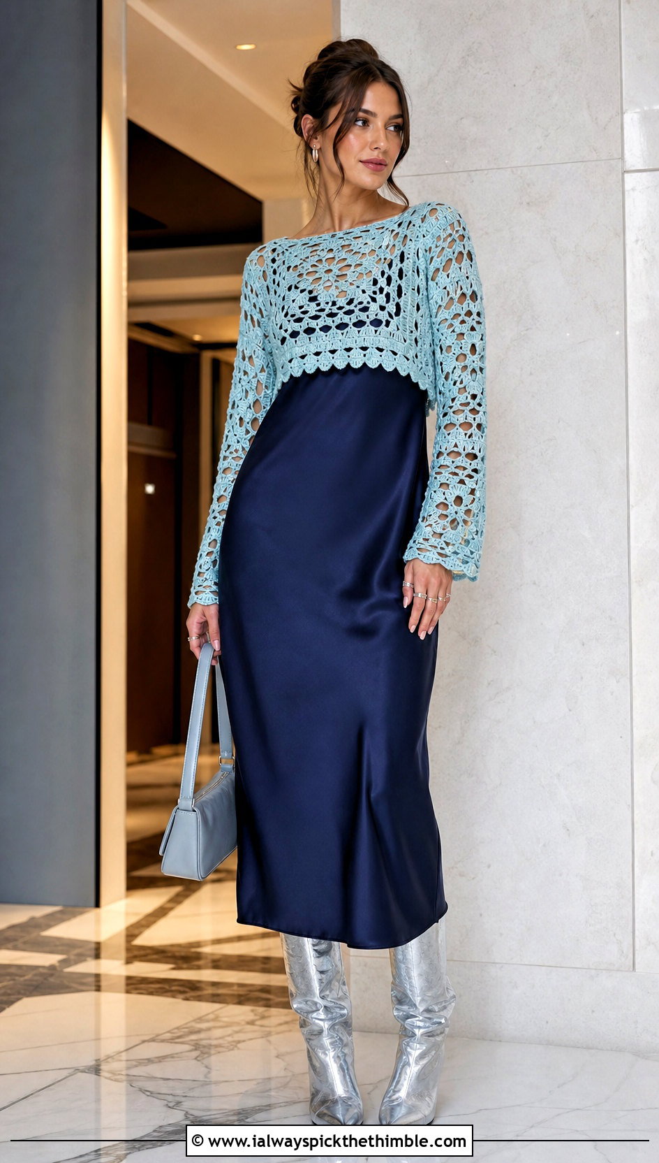 Long Sleeve Granny Crop Top Over A Slip Dress - 20 Crochet Granny Crop Top outfit ideas