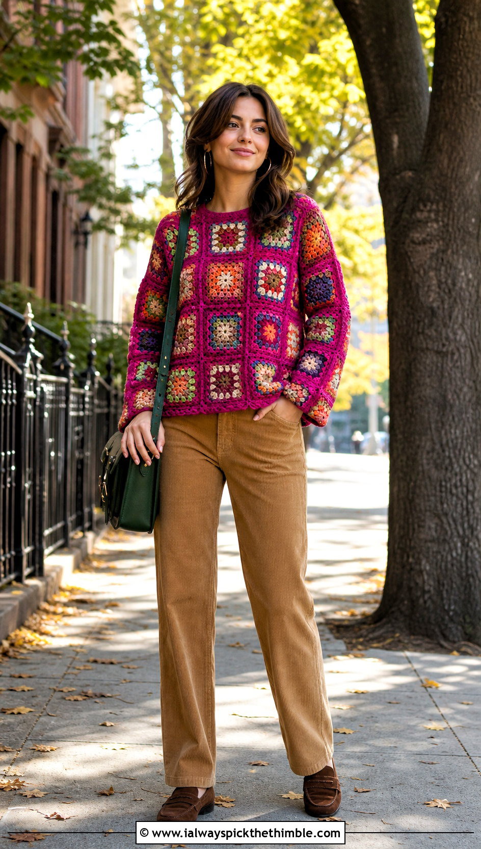 Long Sleeve Granny Square Blouse With Corduroy Pants - 25 Granny Square Blouse outfit ideas