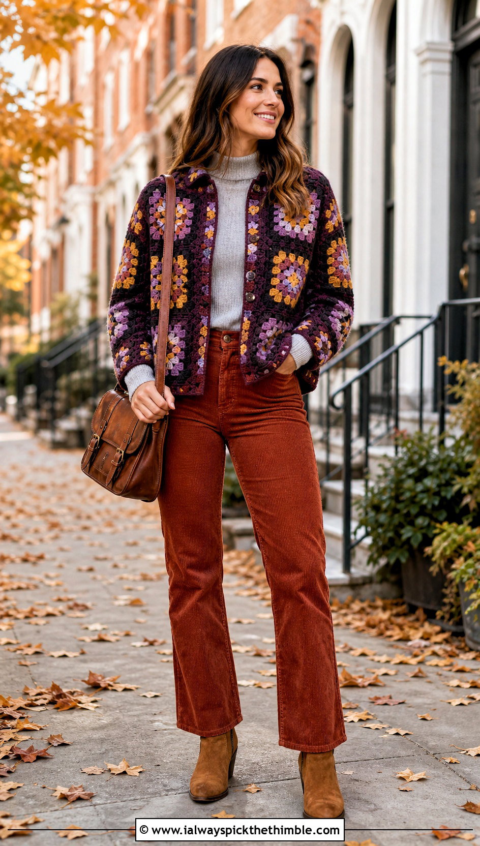 Long Sleeve Granny Square Button Up Shirt With Corduroy Pants - 20 Granny Square Button Up Shirt outfit ideas
