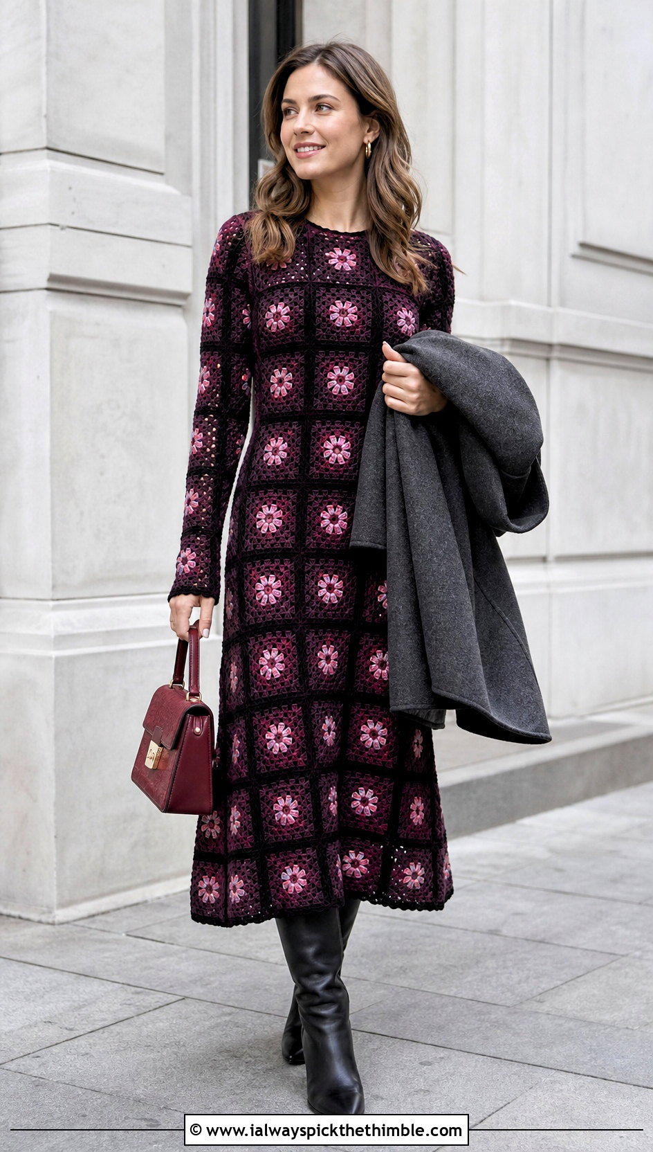 Long Sleeve Granny Square Dress With Knee High Boots - 25 granny square dress outfit ideas